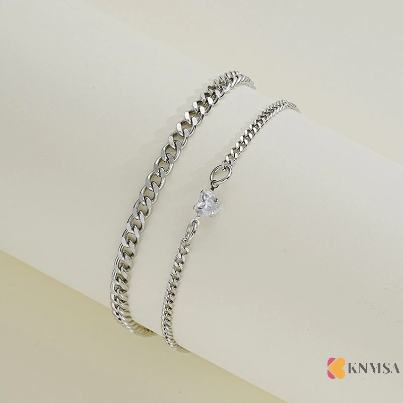 Knmsa] แฟชั่นที่เรียบง่ายสร้อยข้อมือสแตนเลสชุดสําหรับคู่ Unisex ผู้หญิงผู้ชายรักคริสตัลหัวใจเงินสร้อยข้อมือเครื่องประดับของขวัญ ssnckneck nam