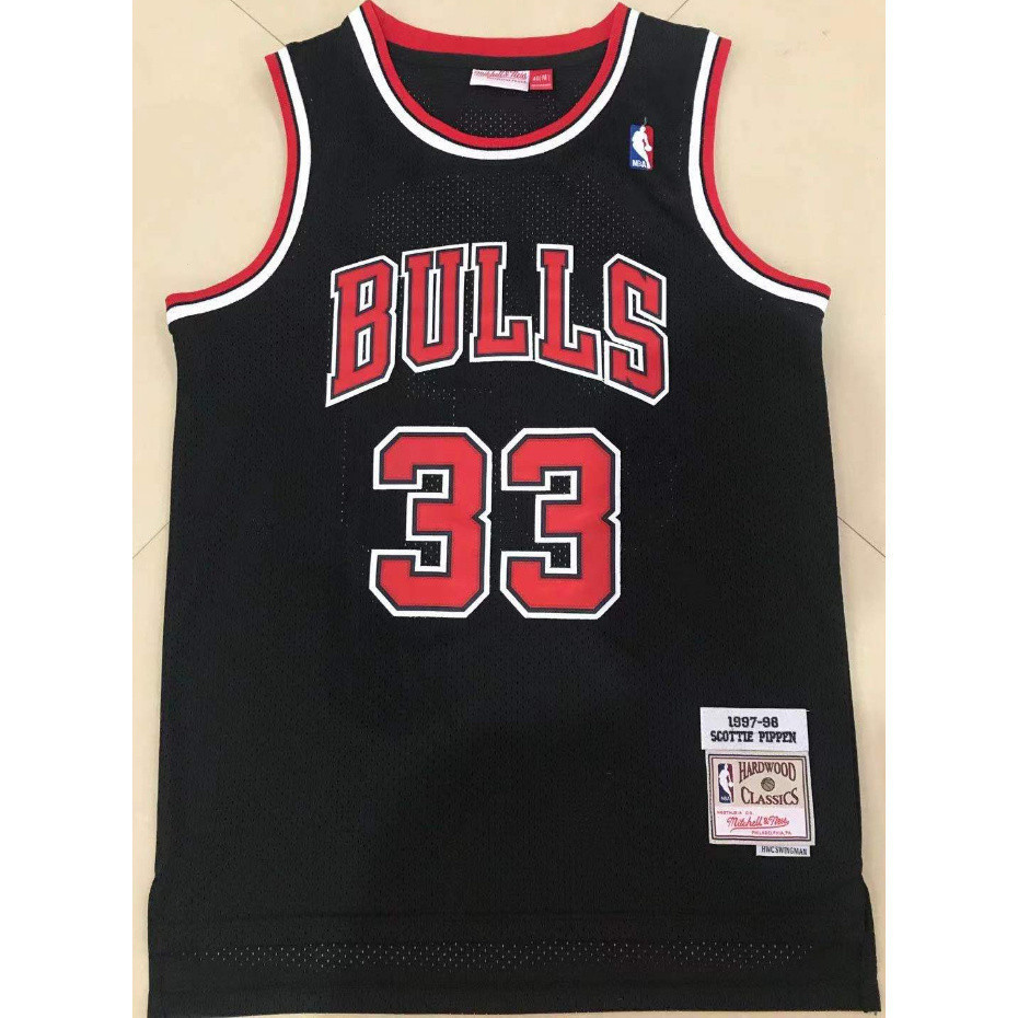 Black New Mens Chicago Bulls 33 Scottie Pippen เสื้อบาสเก็ตบอลปักวินเทจ