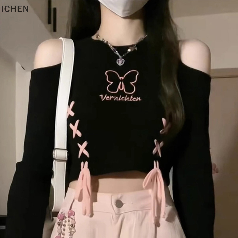ICHEN เผ็ดสาวเซ็กซี่ Retro ผีเสื้อเย็บปักถักร้อยปิดไหล่ผู้หญิง Cropped เสื้อกันหนาว YU