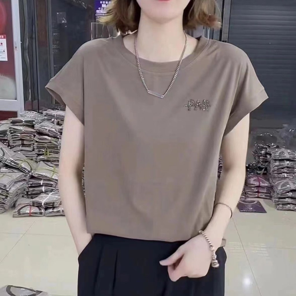 เสื้อยืด - ฤดูร้อนแฟชั่นของผู้หญิงระดับไฮเอนด์ผ้าฝ้ายแท้ลําลองผ้าฝ้ายแท้เสื้อยืดคอกลมแขนสั้น