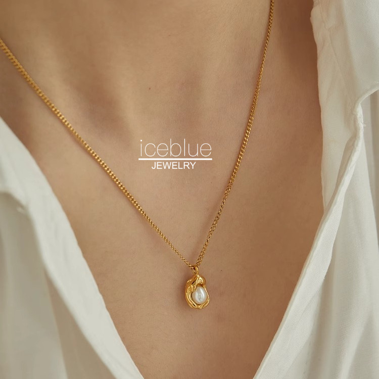 Iceblue-ไข่มุกน้ําจืดธรรมชาติฝังรูปจี้สร้อยคอ Cuban Link Chain 18K Gold Plated Titanium Steel Hypoallergenic Non Tarnish Pearl สร้อยคอผู้หญิงผู้ชาย N99