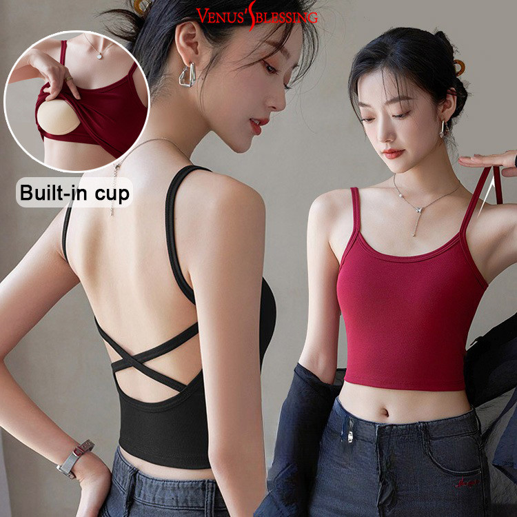 2 IN1 BRA-top Cotton 95% เสื้อไขว้หลัง เสื้อชั้นในสตรีสําหรับผู้หญิงมีแผ่นรองหน้าอก U-back เสื้อครอปสายสะพายไหล่บาง