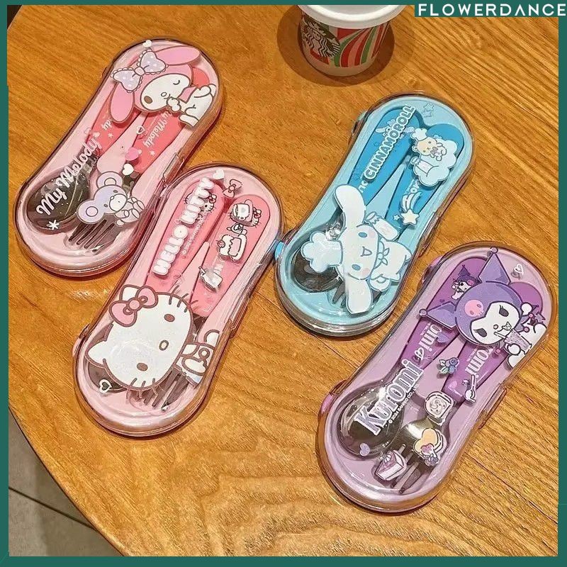 Cinnamoroll Hello Kitty Anime Kawaii ชุดช้อนส้อมเด็ก ช้อนส้อมลายมายเมโลดี้สุดน่ารัก กล่องเก็บของ ของขวัญวันเกิด ของเล่น ดอกไม้