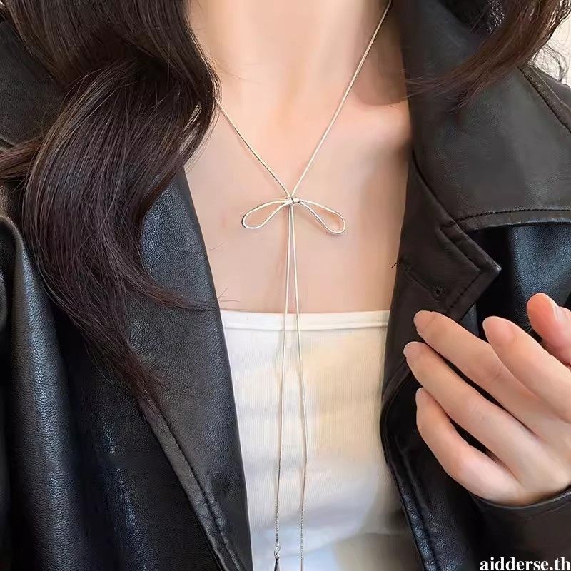 aidderse.thWomen Simple Cool Style Necklace Silver Bow Drawstring Necklace Fashion Clavicle Chain-