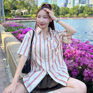 Aurora🛒พร้อมส่ง🚚 (รูปถ่ายจากงานจริง) เชิ้ตแขนยาวซิป เสื้อเชิ้ตแขนยาวOversize Florida Oversize Shirt เชิ้ตแขนสั้นซิป