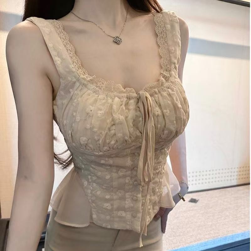 [1632 คนที่สะสม] สไตล์สังคมฤดูร้อนที่สง่างาม สไตล์สาวเผ็ด ลูกไม้ผูกโบว์ แพทช์เวิร์ค ทรงเข้ารูป สไตล์ความปรารถนาบริสุทธิ์ ดีไซน์ลูกไม้ เสื้อสายเดี่ยว
