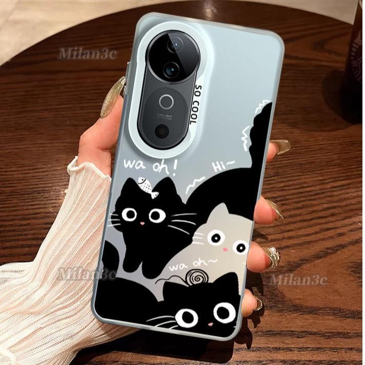สําหรับ Vivo V50 V40 V29 กรณี Vivo V40 Pro น่ารักแมวดํา Ins สไตล์กันกระแทก Matte Hard เคสโทรศัพท์ IMD ปุ่มชุบฝาครอบโทรศัพท์สําหรับนักเรียนหญิงผู้หญิง