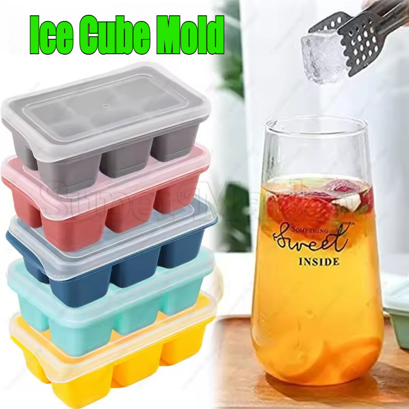 แม่พิมพ์ก้อนน้ําแข็งซิลิโคน-เครื่องทําน้ําแข็งบล็อกไอศครีม-ถอดง่ายและแม่พิมพ์ที่มีความยืดหยุ่น-ที่มีฝาปิดที่ถอดออกได้หก-ทําเอง โฮมเมดเครื่องดื่มเย็นครัวเครื่องมื