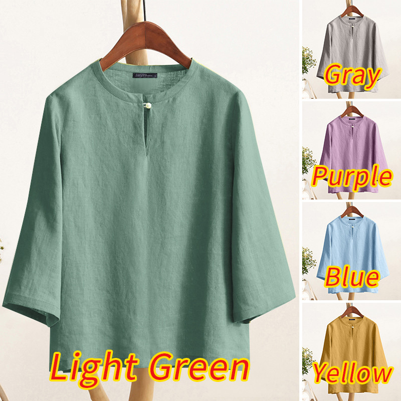 ZANZEA ซานเซีย ผู้หญิงเกาหลีวินเทจรอบคอ กรีด ออกแบบ3/4แขนเสื้อแข็ง — صورة 3