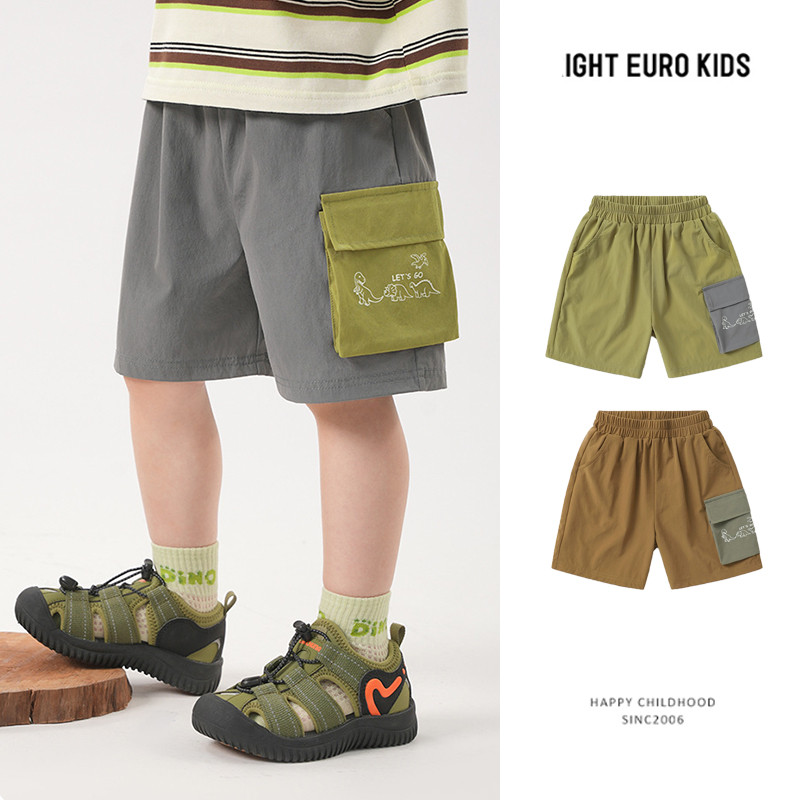 [90-140] ชุดเอี๊ยมเด็กผู้ชายกางเกงขาสั้นเสื้อผ้าเด็กฤดูร้อนบางกางเกงห้าจุด ยู5607