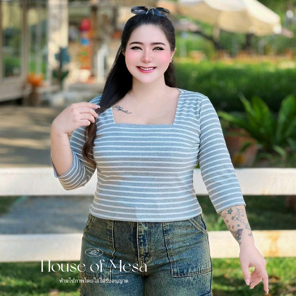 Plussize เสื้อครอปคอเหลี่ยมลายริ้ว เสื้อสาวอวบ อก 38-52นิ้ว