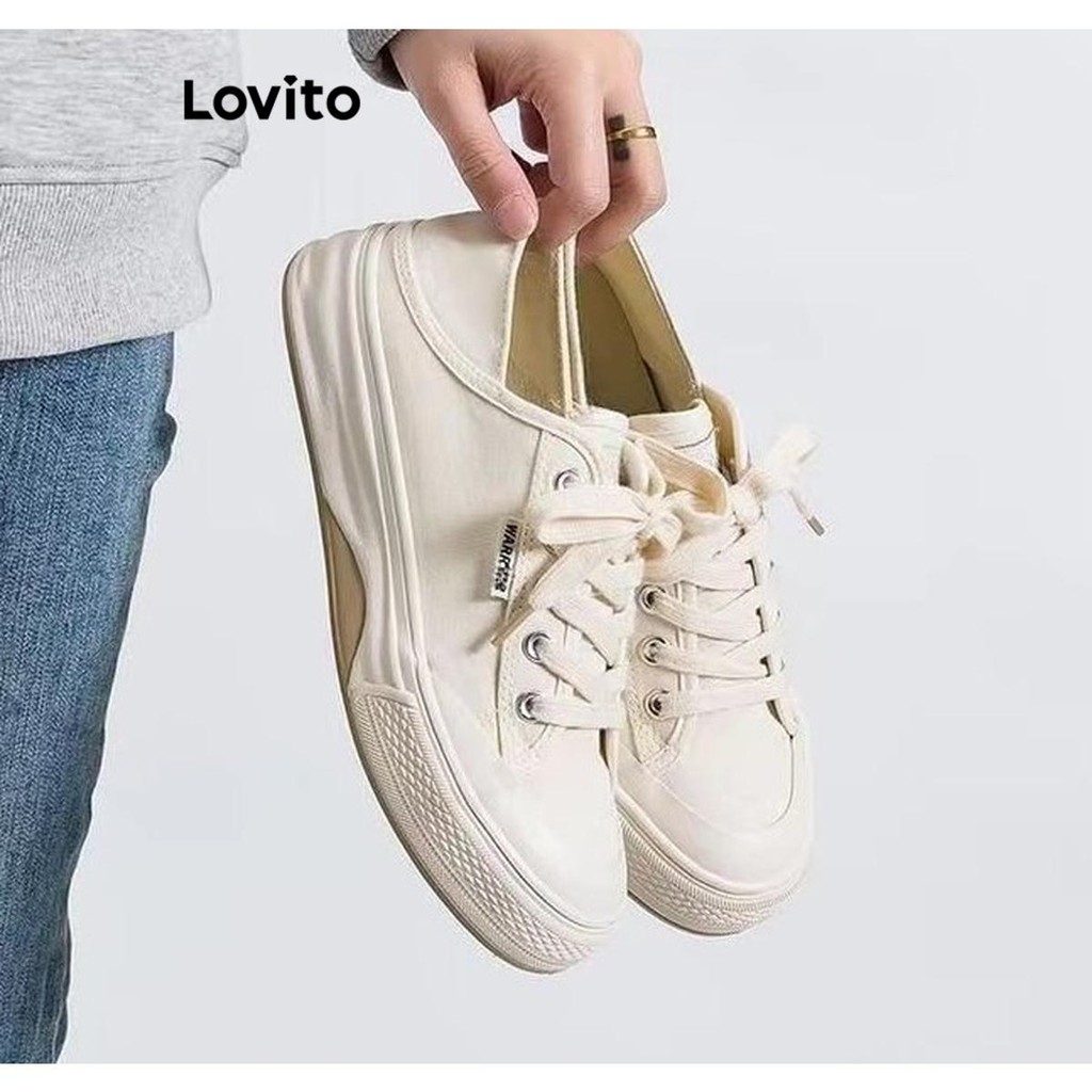 Lovito รองเท้าผ้าใบผูกเชือกทรงสูงสีขาวสไตล์สปอร์ต สุดคลาสสิกและใช้งานได้หลากหลายสำหรับผู้หญิง LFA58341