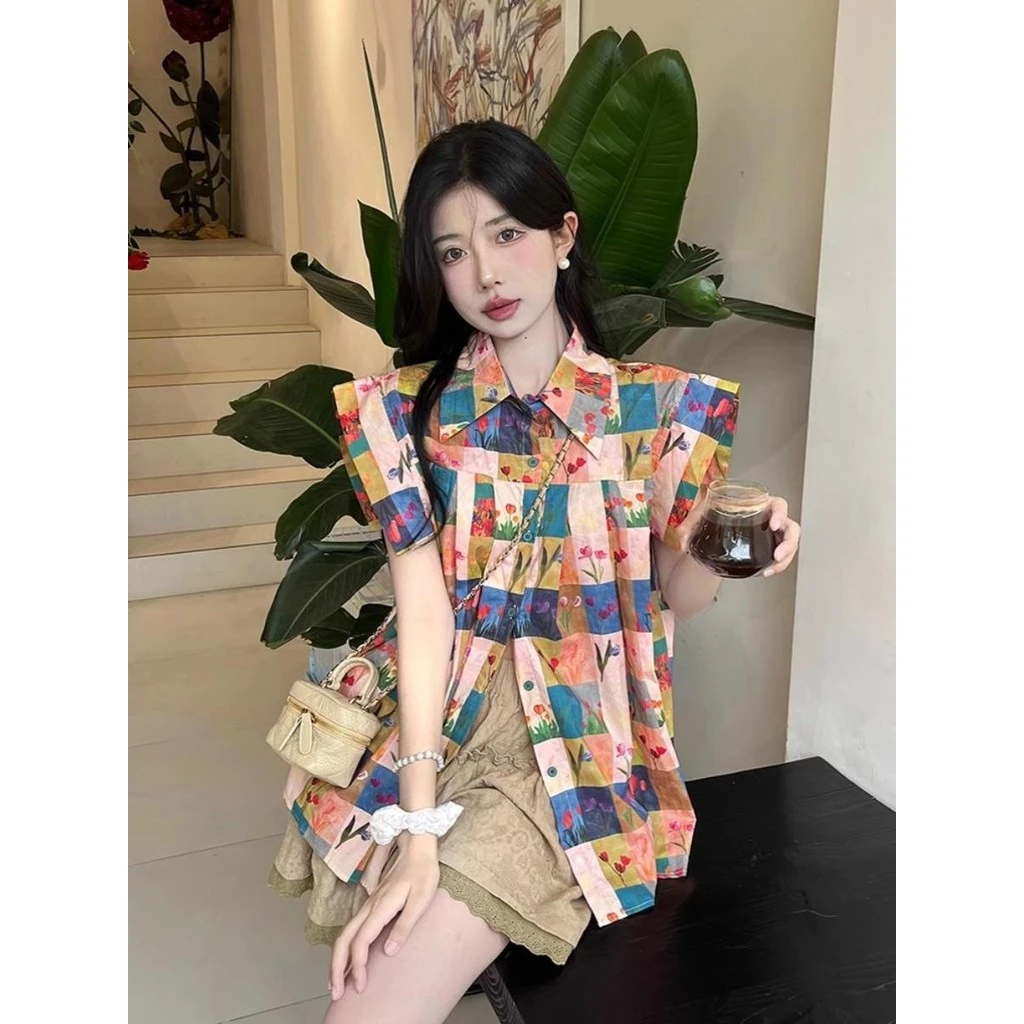 Chili Koko เสื้อเชิ้ตทรงหลวมแขนสั้นลายดอกไม้สไตล์ฝรั่งเศส w579 thumbnail 8