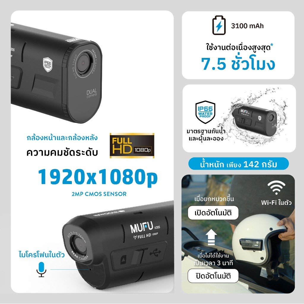 บันทึกภาพ MUFU V20s FullSet กล้องติดหมวกกันน็อค กล้องติดหมวกหน้าหลัง ใช้งานต่อเนื่อง7ชม FULLHD 1080P