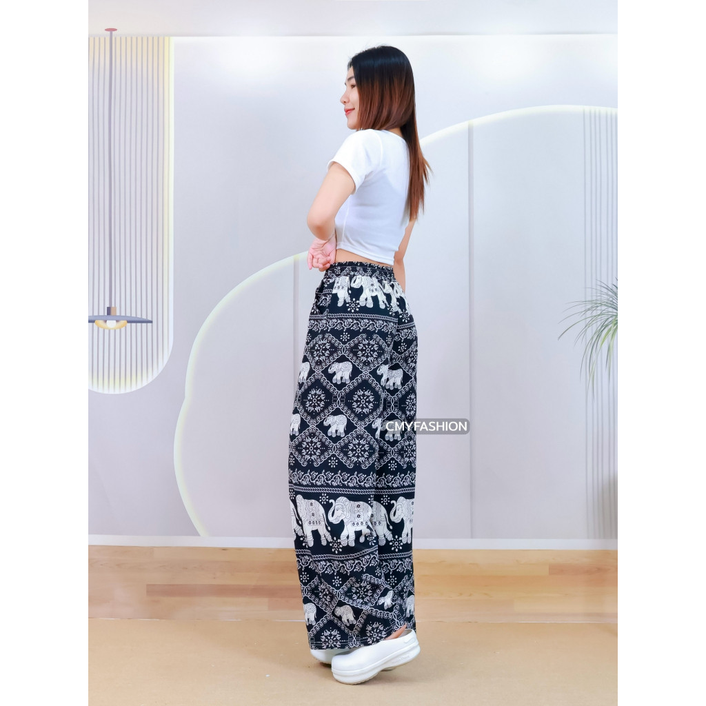 กางเกงขายาว พิมพ์ลายช้าง ทรงขากระบอกใหญ่ ผ้าไหมอิตาลี่ เนื้อผ้านิ่ม สไตล์ไทยโมเดิร์น  p9375# - รูปที่ 7