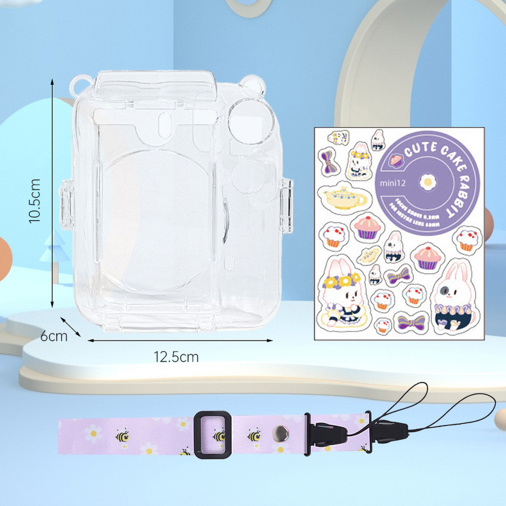 For Fujifilm Instax Mini 11 12 ชุดตัวเรือนกล้องโปร่งใส พร้อมถุงเก็บสายรัดไหล่ ด้วยสติกเกอร์น่ารัก สำหรับMini 11 12