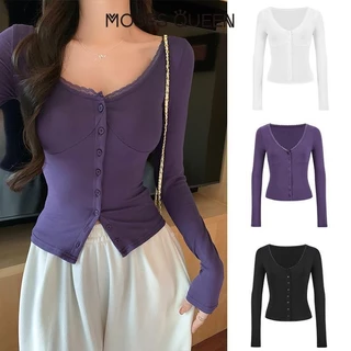< MOSESQUEEN > อเมริกันสาวร้อนคอวีขอบลูกไม้แขนยาวถักเสื้อสเวตเตอร์ถักหญิงฤดูใบไม้ร่วงสลิมสั้นด้านในสวมใส่อารมณ์สีดํา Bottoming เสื้อ #62831