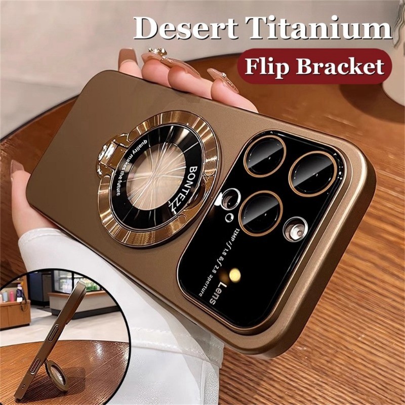 Desert Titanium Flip Bracketแม่เหล็กกันกระแทกเคสโทรศัพท์สําหรับIPhone 16 12 13 14 15 Pro Max 16Plusกล้องเลนส์แก้วAnti Scratchปลอกซ่อนFulcrumปกหลัง