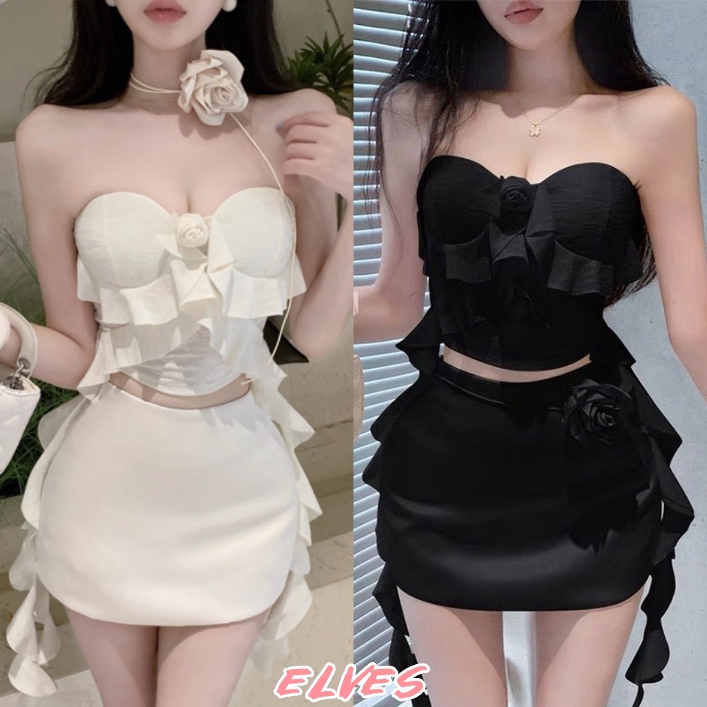 Elves พร้อม💟 เกาะอก เสื้อสไตล์เกาหลี มีฟองน้ำ สีพื้น สไตล์เกาหลี เปิดไหล่ "FY3006"