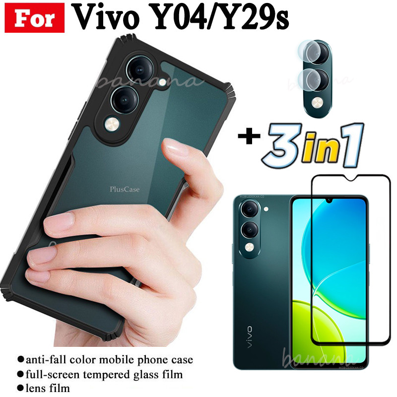 3 IN 1 Vivo Y04 Anti-fall โทรศัพท์มือถือสําหรับ Vivo Y29S Y19S Y03 Y03T ฟิล์มกระจกนิรภัย + ฟิล์มเลนส