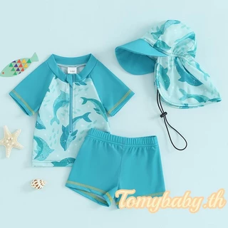 ชุดว่ายน้ำเด็กชายแขนสั้นลายฉลามและโลมา เสื้อ + กางเกงขาสั้น + หมวก