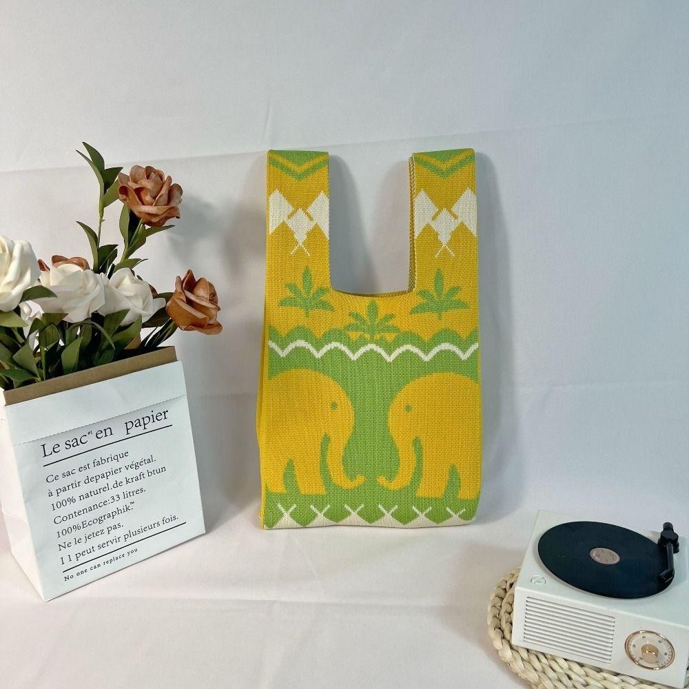 HOBBYIN กระเป๋าช้อปปิ้ง ผ้าถัก ทรงโท้ท แฮนด์เมด ขนาดใหญ่ ลายการ์ตูนช้าง สไตล์ชนเผ่า สําหรับผู้หญิง - รูปที่ 2