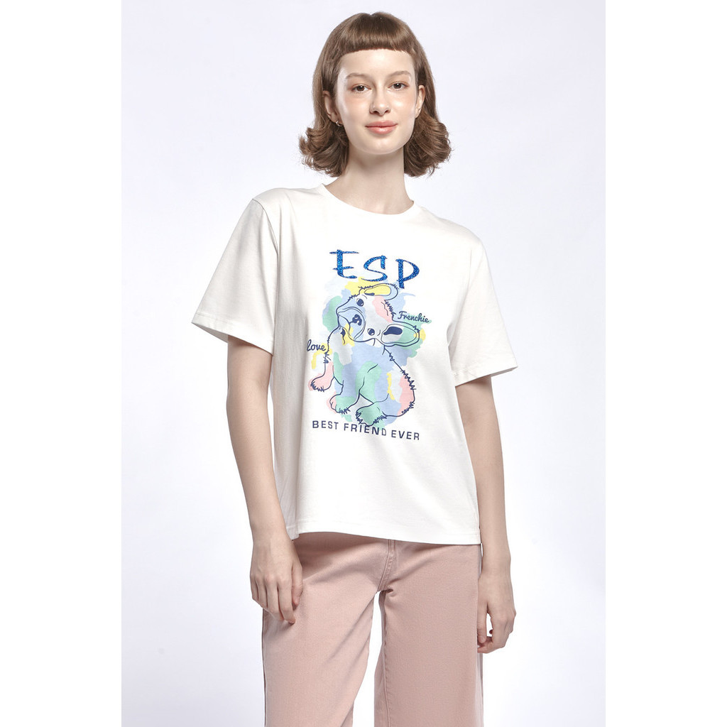 ESP เสื้อทีเชิ้ตลายเฟรนช์ชี่ ผู้หญิง สีขาว | Frenchie Tee Shirt | 06136
