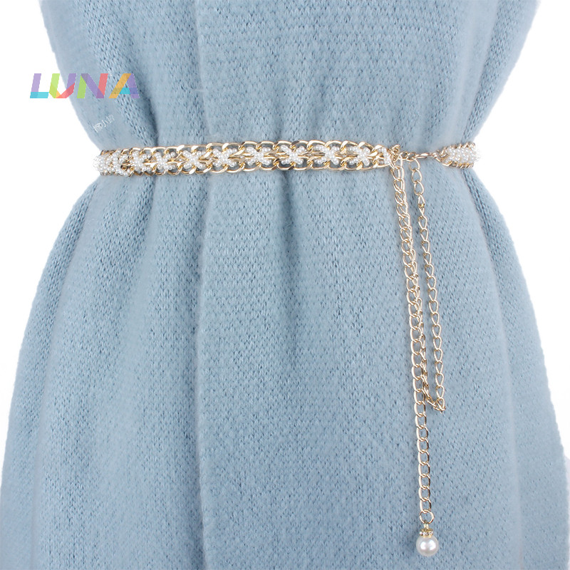 Danmiaomiao111 เข็มขัดโซ่ ประดับมุก ยืดหยุ่น หรูหรา สําหรับผู้หญิง