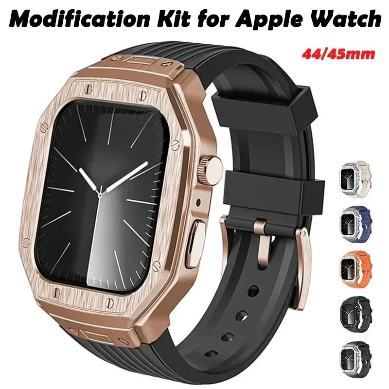ชุดดัดแปลงเคสโลหะหรูหราสายรัดซิลิโคนสําหรับ Apple Watch 44 มม. 45 มม. iWatch Series 9 8 7 6/5/4/se