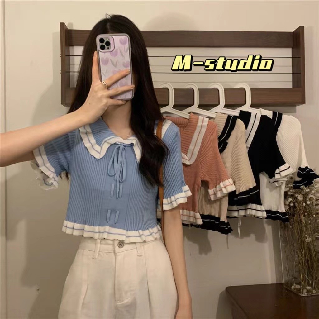 Maze⭐️พร้อมส่ง⭐️เสื้อไหมพรมแขนสั้นแต่งชายระบาย งานผูกโบว์ น่ารักๆสีสวยสดใส(6a46-1)