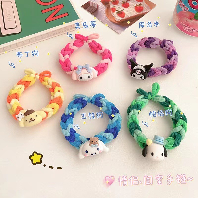 DIY การ์ตูนน่ารัก Sanrio ที่คาดผมถักที่คาดผมหนาสีสันสดใส Kulomi เชือกผูกผม