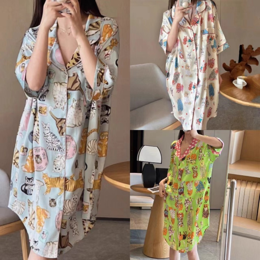 ชุดนอน ผ้าไหม ลายการ์ตูนแมว และลูกสุนัข ทรงหลวม สําหรับผู้หญิง