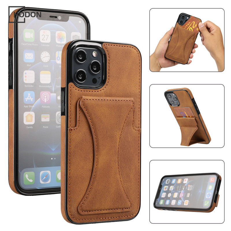Hodon ช่องใส่การ์ดพับวงเล็บหนังเคสโทรศัพท์สําหรับ iPhone 16 15 14 13 12 11 Pro Max กันกระแทกปกหลัง