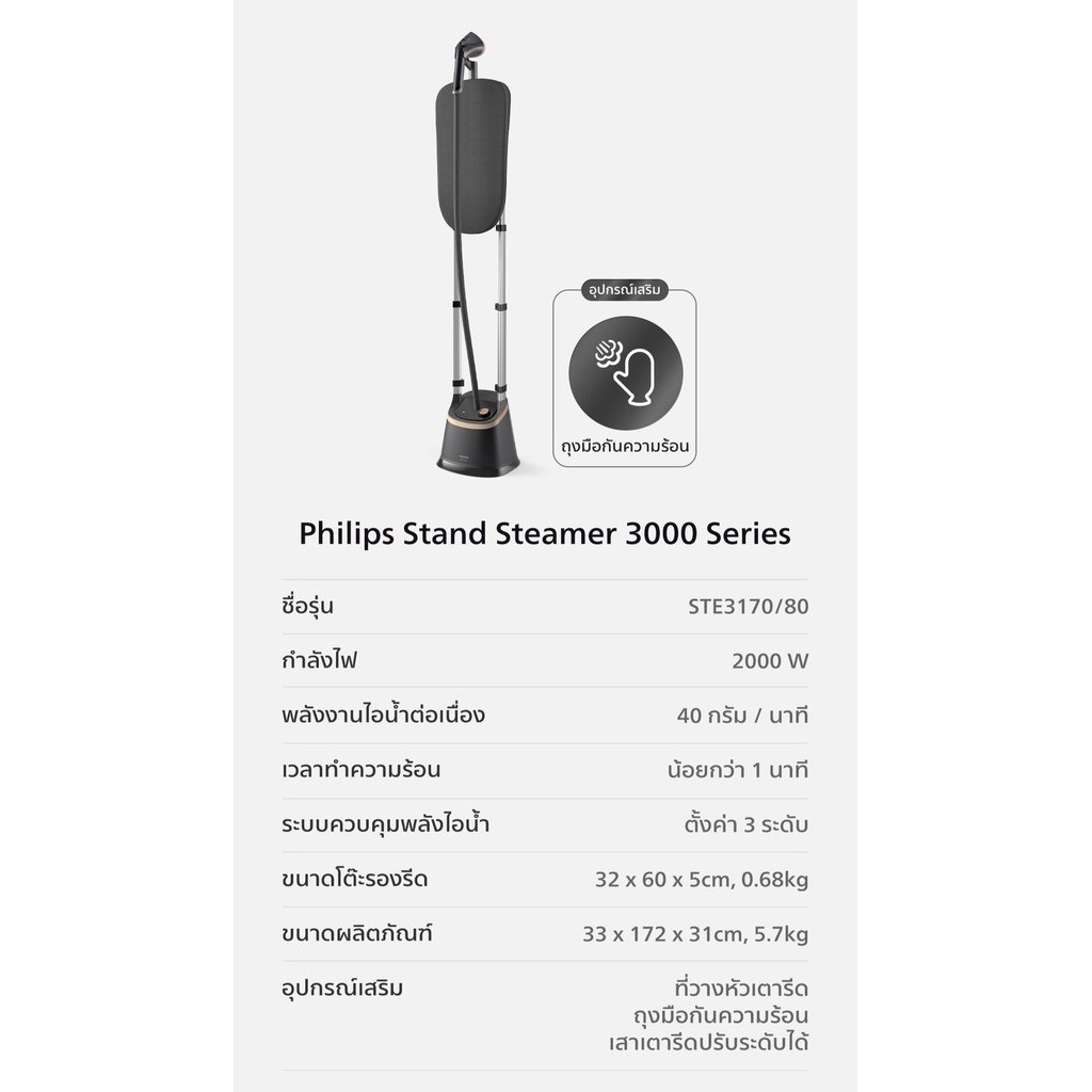 Philips Garment Care Stand Steamer 3000 Series STE3170/80 เครื่องรีดไอน้ำแบบยืนรีด StyleBoard ปรับเอียงได้ [4K00td]