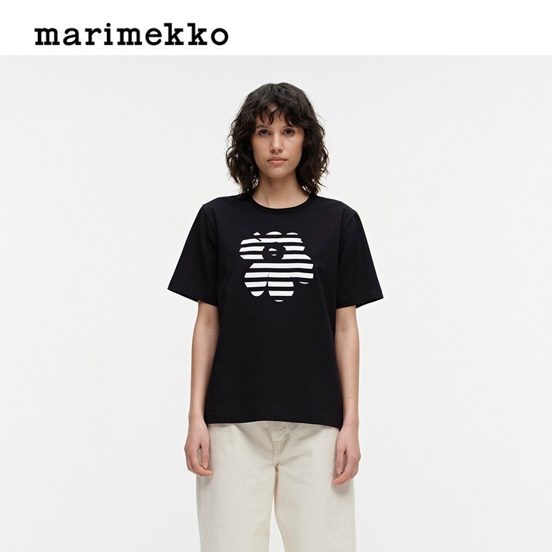 ใหม่ 【TASARAIT Print】เสื้อยืดแขนสั้น ผ้าฝ้าย พิมพ์ลาย Marimekko สีดํา เป็นกลาง