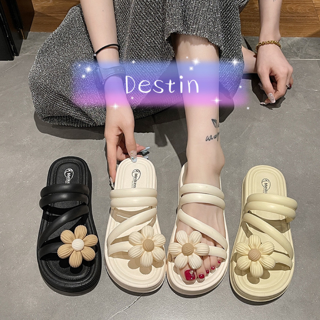 Destin🩰พร้อมส่งจากไทย🛒(LT-MKD) สายคาดติดกันรองเท้าแตะ PVC แบบสวม พื้นหน้า 2cm  ดีเทลดอกทานตะวัน ลายดอกไม้ สำหรับผูหญิง