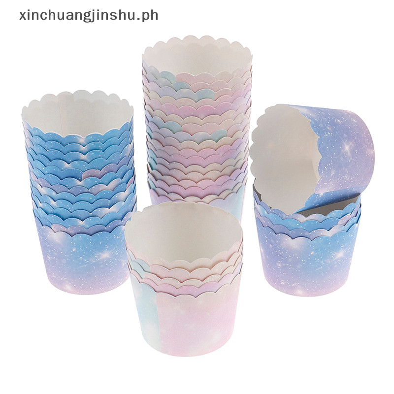 XIN 50 ชิ้น Rain Cupcake Liners สําหรับ Baking Gradient Cupcake Wrappers ถ้วยอบ PH