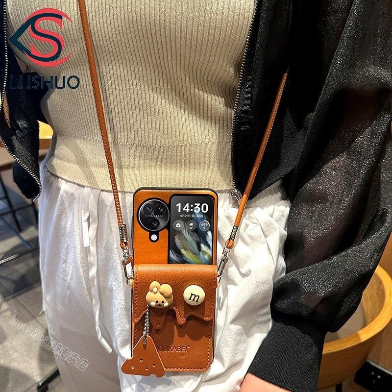 LUSHUO เคสโทรศัพท์สําหรับ OPPO ค้นหา n3 N2 Flip น่ารักสีน้ําตาลหนังปกหลังพร้อมการ์ด Hoder และ Lanyard สําหรับ findn2 3 พลิกค้นหา N2 n3 พลิก