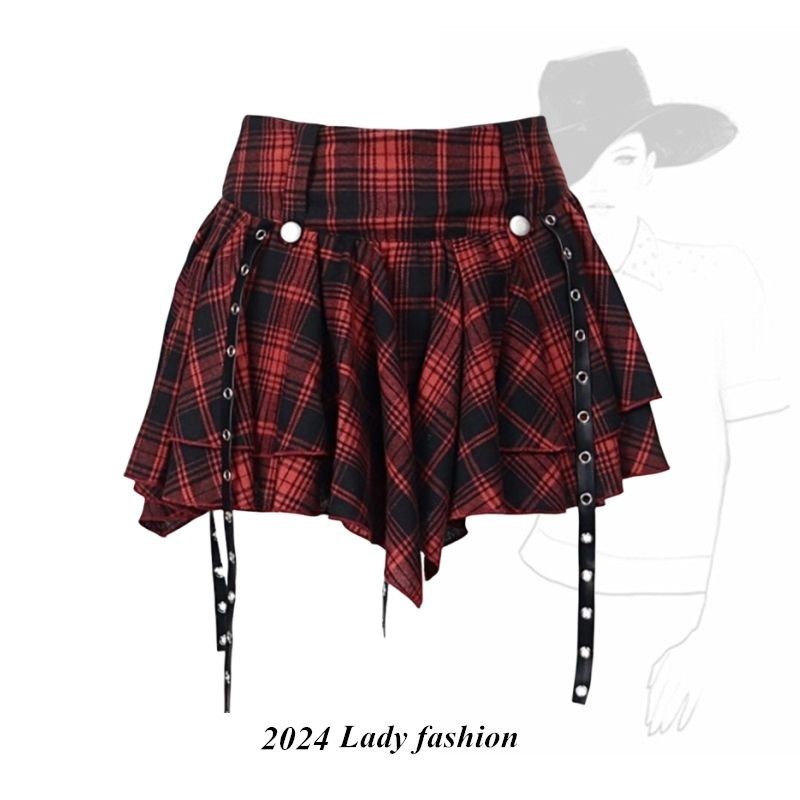 หญิงไม่สม่ําเสมอวัฒนธรรมเอเชีย Punk y2k กระโปรงสั้นหญิงกลุ่ม Dark Hot Girl กระโปรงเค้ก Rock พร้อมสต็อก Fluffy Red Checkered 2BLQ
