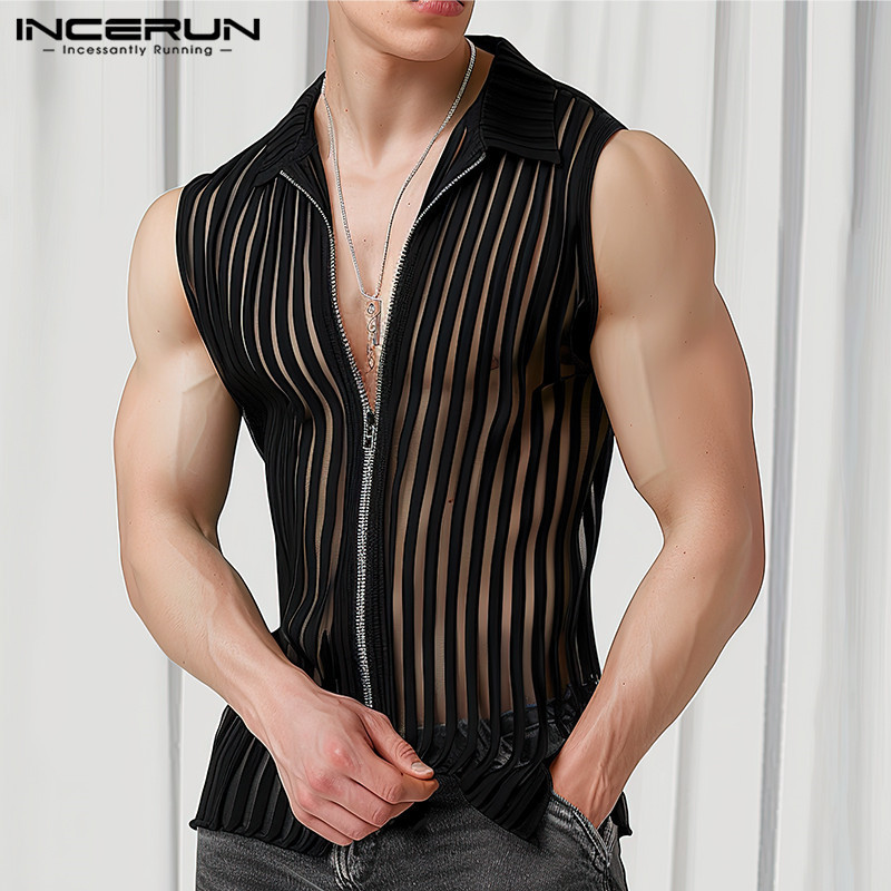 Incerun Men Vintage Daily Casual Vertical Striped Zip Tanks