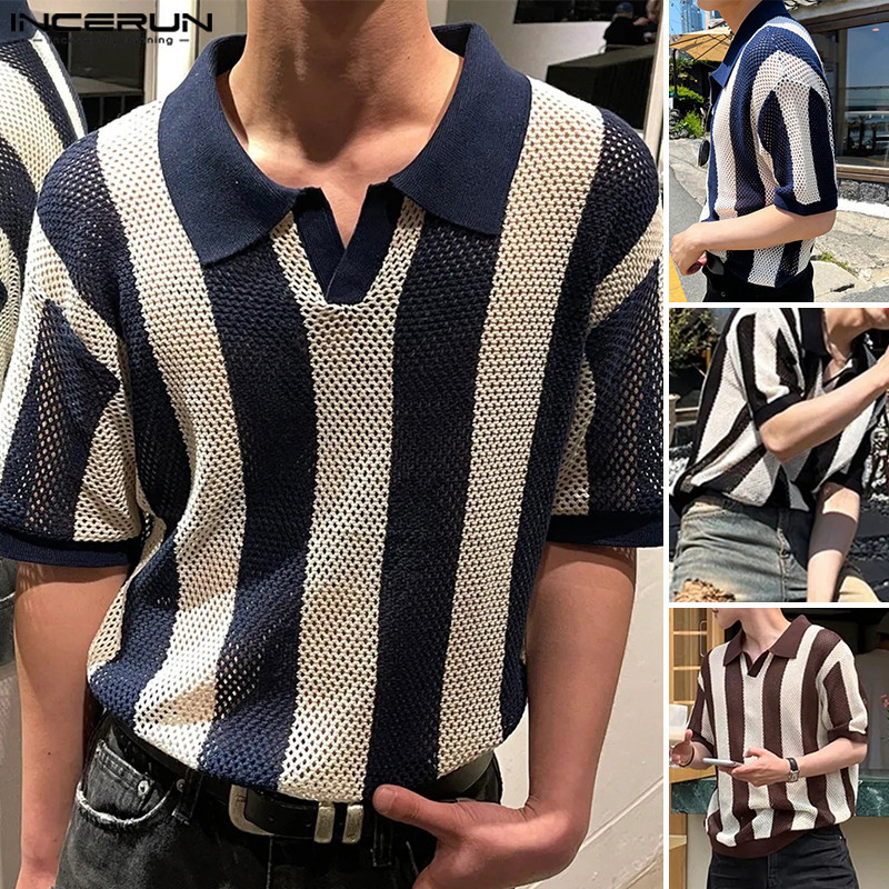 Incerun ผู ้ ชายแฟชั ่ นเกาหลี Hollow Stripe Turn Down Collar เสื ้ อโปโลแขนสั ้ น