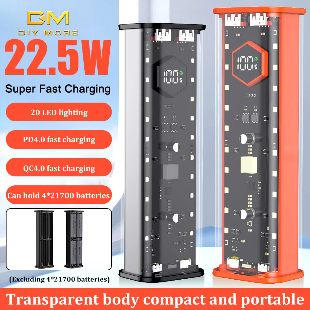 Diymore QC4.0 Quick Charge Solderless 4* 21700 ชุดพลังงานมือถือ DIY โปร่งใส Power Bank วัสดุกล่องแบตเตอรี่