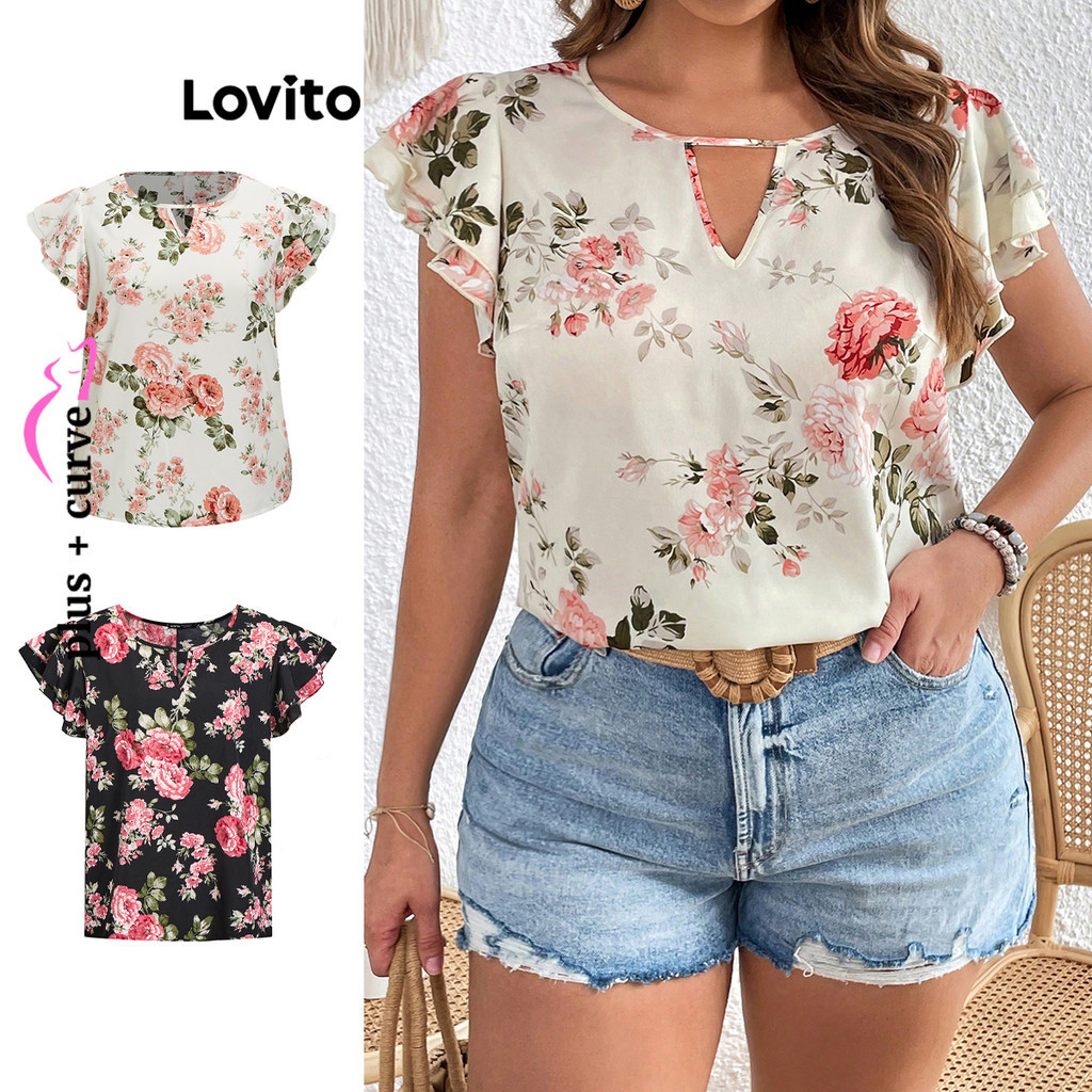Lovito เสื้อสาวอวบ โบโฮ ลายดอกไม้ แต่งหลายชั้น สำหรับสตรี LBE05152 (สีชมพูอ่อน)