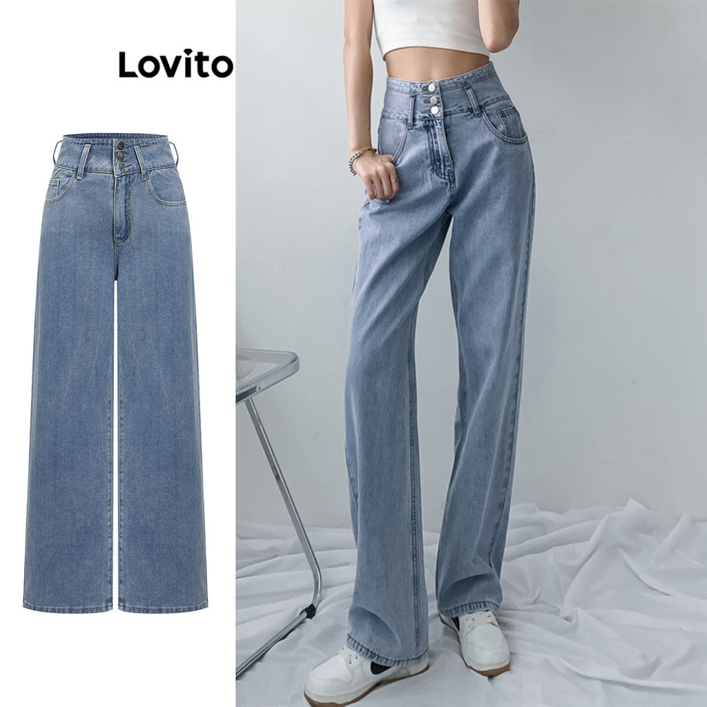 Lovito กางเกงยีนส์ผู้หญิง มีกระดุม สีพื้น สไตล์ลำลอง L88AD229