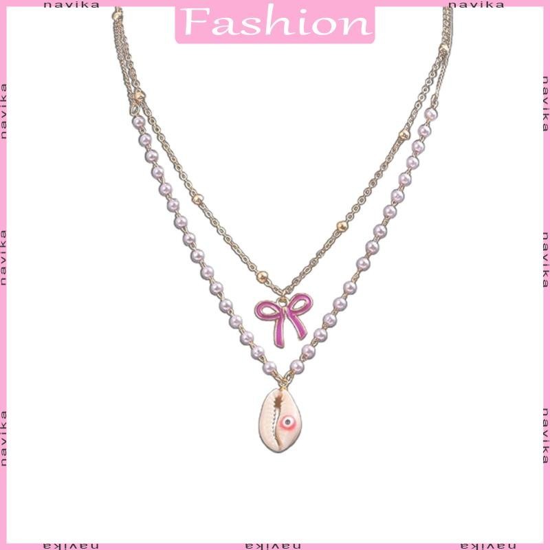 Nav Elegant Pearl จี ้ สร ้ อยคอ Bowknot Evil Eye Shells Charm Clavicle Chain
