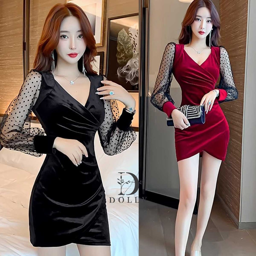 ชุดมินิเดรส เดรสสั้นแขนยาว แต่งแขนตาข่าย 2สี สุดแซ่บใส่เที่ยว ออกงาน ผ้ายืดตามตัว