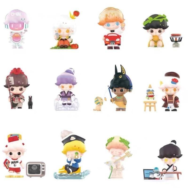 P POPMART DIMOO Time Roaming Series รูปกล่องปริศนาตุ๊กตาตกแต่งของขวัญวันหยุดน่ารัก