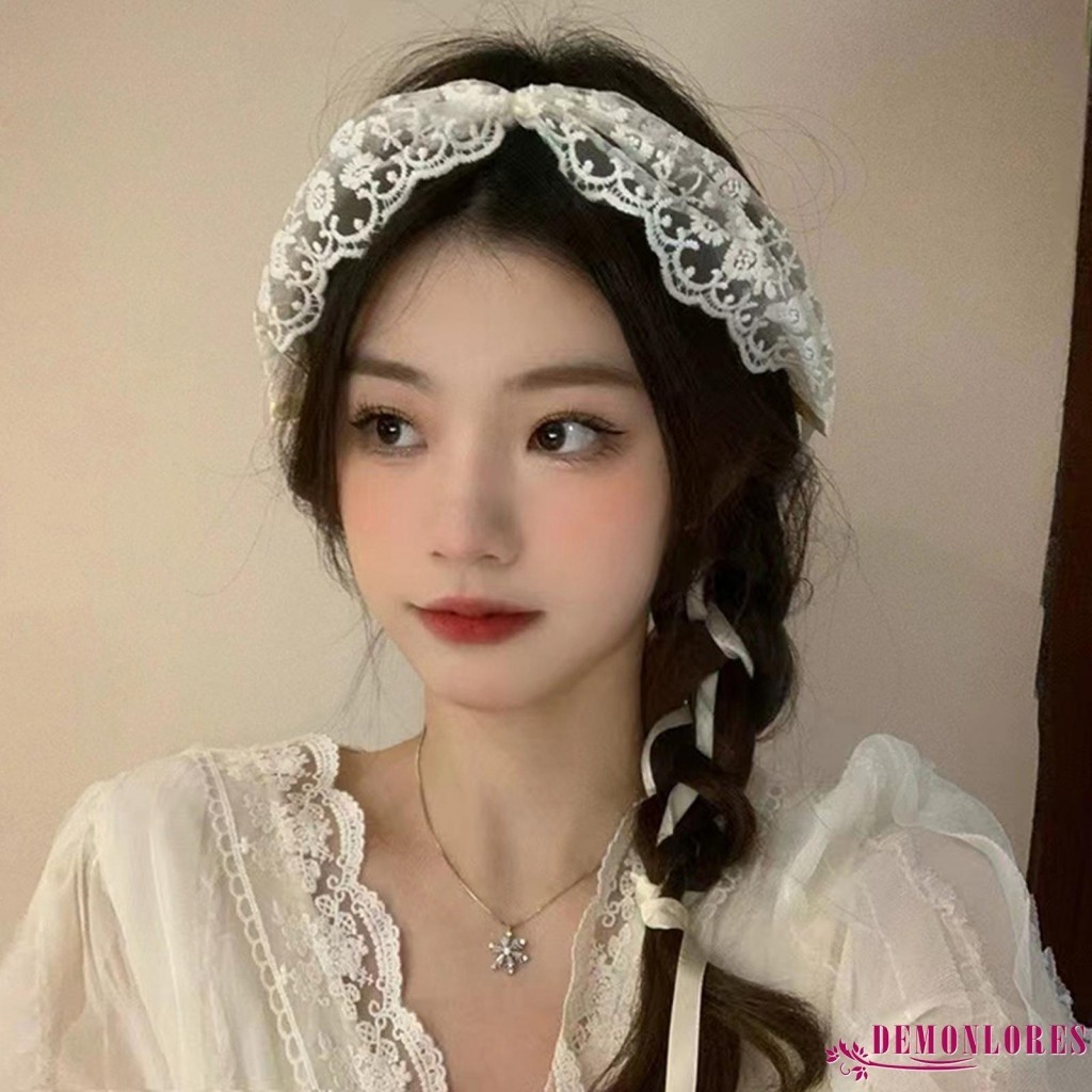 Demonlores-ผู้หญิงลูกไม้แถบคาดศีรษะดอกไม้ฝรั่งเศสเย็บปักถักร้อย Tie-Up Bow Hairband อุปกรณ์เสริมผม