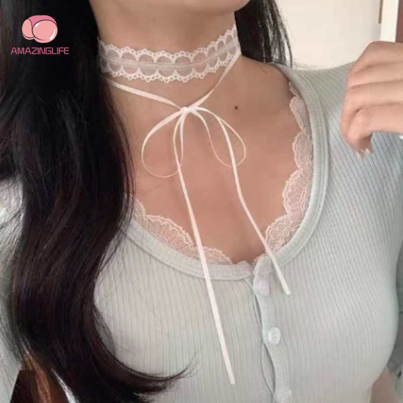 1 พีซี สไตล์เกาหลีลูกไม้หวานคู่สายสร้อยคอ-วินเทจแฟชั่นปรับกระดูกไหปลาร้าเค้นคอ-สาวโบว์จี้สร้อยคอเครื่องประดับ