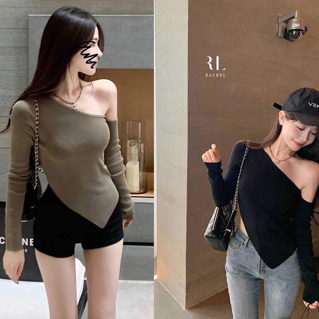 เสื้อยืดแฟชั่น เรียบง่ายสำหรับสาวๆ แขนยาวทรงสลิมสไตล์เกาหลี